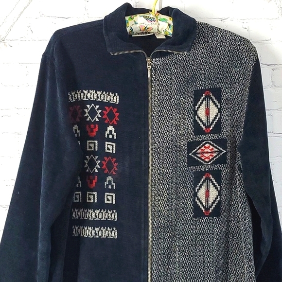 Vintage Chico's Design Navy Blue Black Southwestern Full Zip Jacket Shacket Sz 2 - Picture 6 of 17